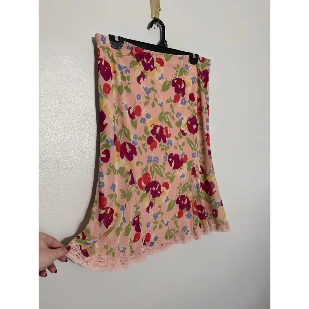 Womens Size S Vintage Y2K 90s Express Above the Knee Pink Floral Lace Trim Skirt